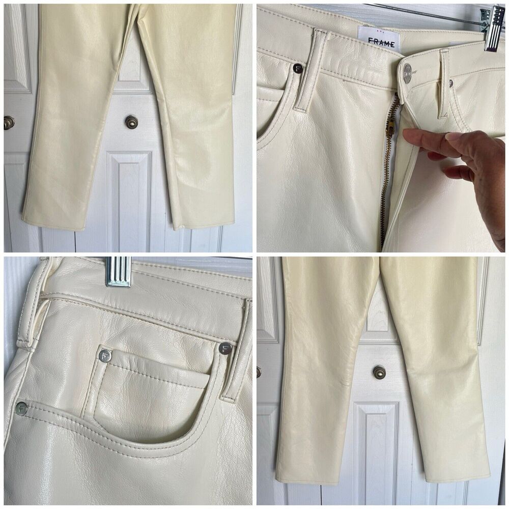 FRAME Womens Pants Size 32 Ivory Bone Faux Leather Straight Jean New - Picture 11 of 16
